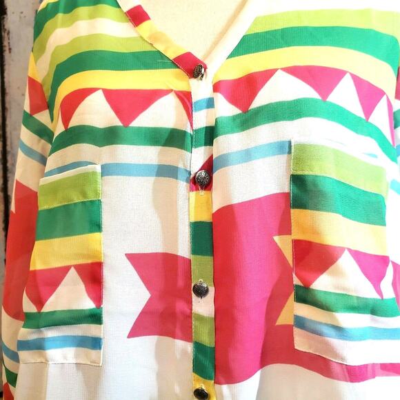 Kaktus Sheer Southwest Tunic Top Size L Bright Colors Contemporary New Retro - Picture 11 of 12